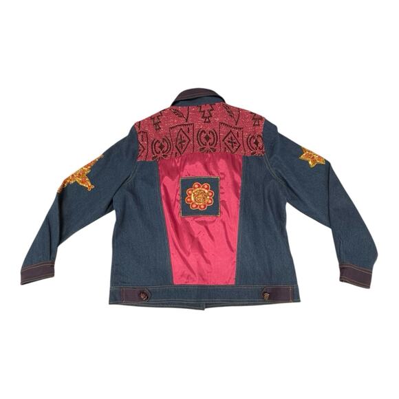 Indigo Moon Denim Chambray Medium Coat Pink Aztec Accent Purple Trim Embellish - Picture 13 of 13